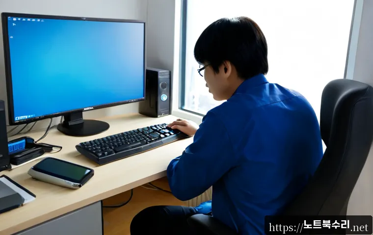 파주시 BAD_SYSTEM_CONFIG_INFO - Photorealistic IT technician repairing a high-end desktop workstation in a quiet Paju office, dual m...