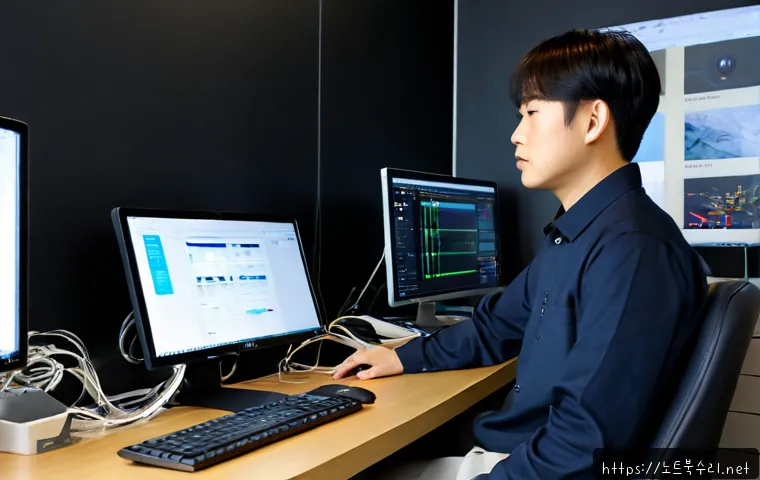 수하동 STATUS_SYSTEM_FILE_MISSING - Photorealistic IT technician at a compact workstation in a Suha-dong style office, dual monitors sho...