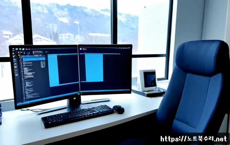 태전동 STATUS_KERNEL_CONNECTION_TIMEOUT - Photorealistic IT support workstation in a compact Taejeon-dong apartment office, dual monitors show...