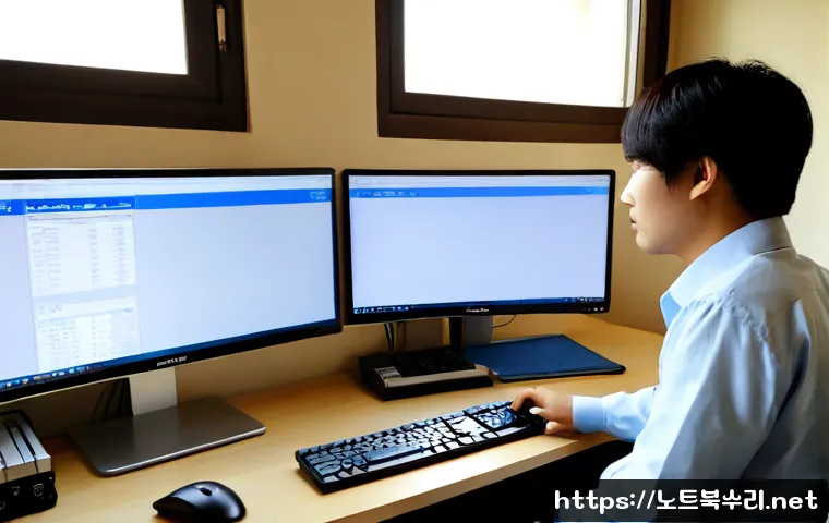 통인동 REGISTRY_ERROR - Photorealistic remote IT support workstation in Tongin-dong, dual monitors showing a clean blank des...