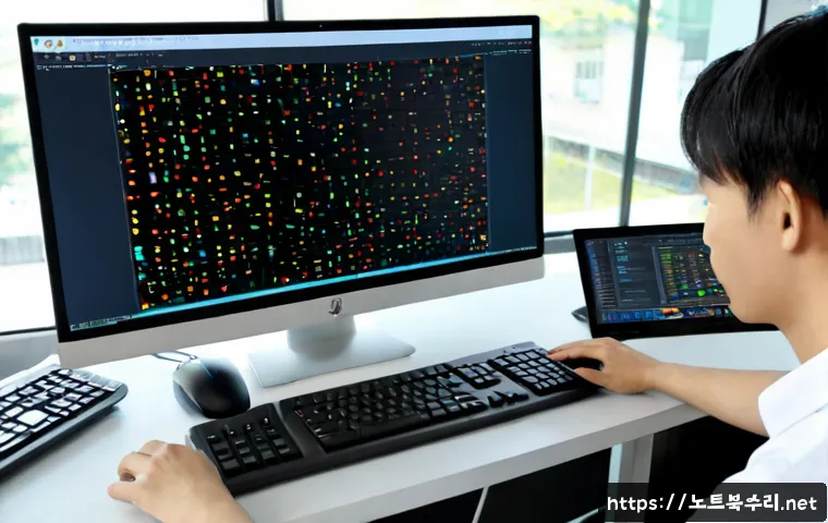 건건동 POOL_HEADER_CORRUPTION - Photorealistic remote IT support workstation in Geongeon-dong, dual monitors showing a clean abstrac...