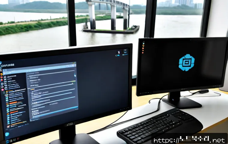 현석동 STATUS_MODULE_NOT_FOUND - Photorealistic remote-support workstation in a compact riverside apartment office, dual monitors sho...