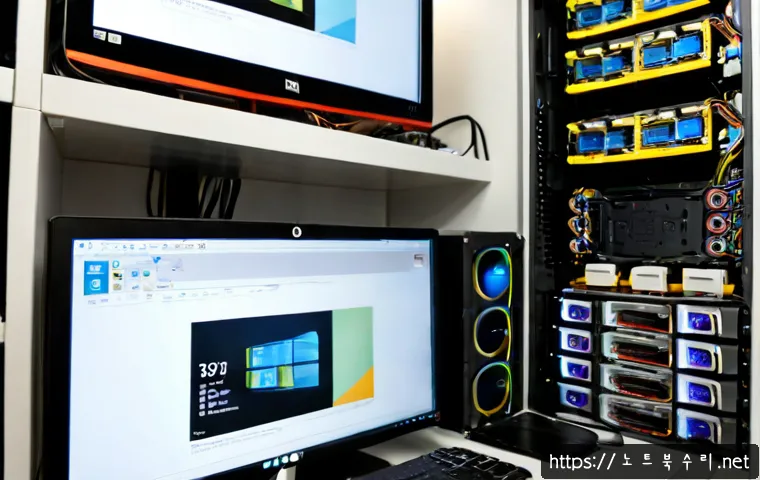 운남동 하드조립 및 교체수리 - Photorealistic computer repair workstation in a compact Yunam-dong office, technician carefully inst...