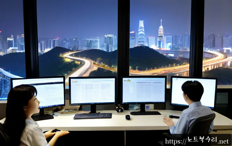 용산구 PROCESS_HAS_LOCKED_PAGES - Photorealistic software support workstation in a modern Yongsan office tower, dual monitors showing ...