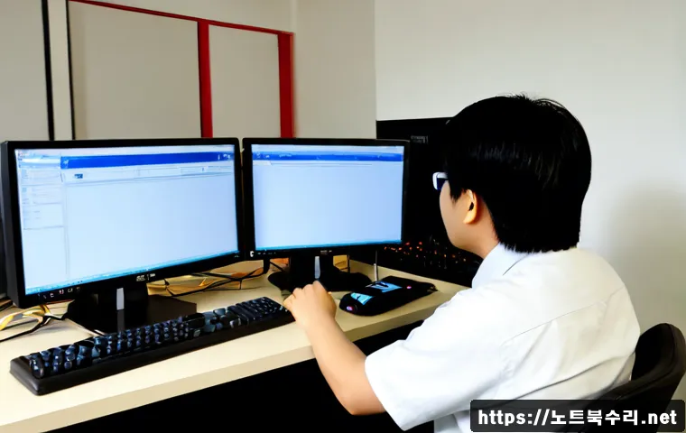 원평동 STATUS_NETWORK_ACCESS_DENIED - Photorealistic IT support workstation in a compact Wonpyeong-dong office, frustrated technician faci...