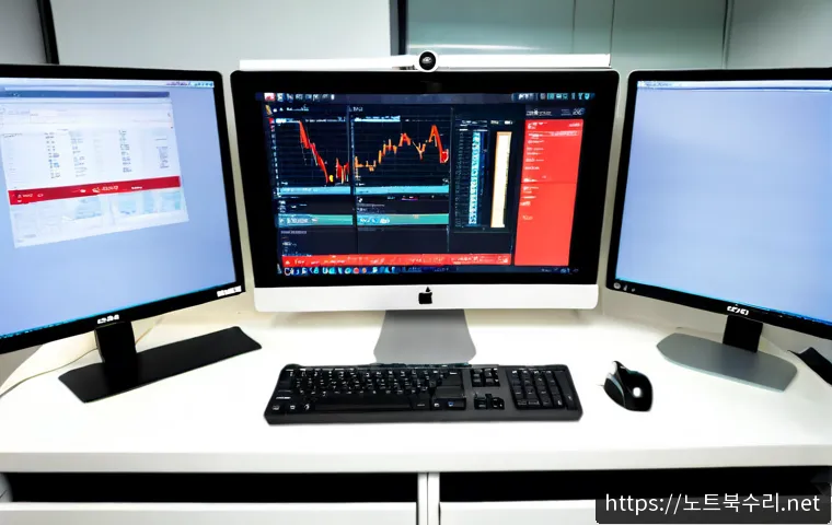 구로동 STATUS_DISK_FULL - Photorealistic IT support workstation in a compact Guro-dong office, dual monitors showing a clean a...