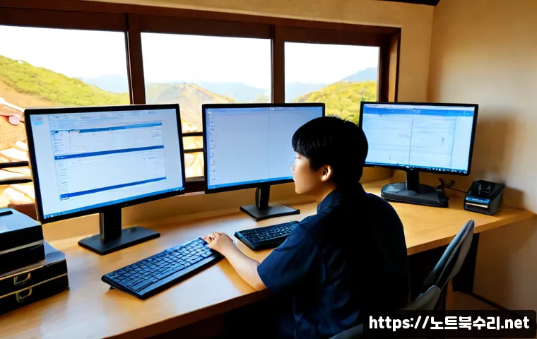 송현동 SESSION_HAS_VALID_VIEWS_ON_EXIT - Photorealistic IT support workstation in a quiet historic hillside district, dual monitors showing a...