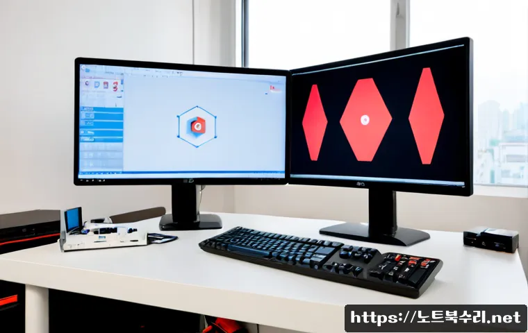 광명시 MACHINE_CHECK_EXCEPTION - Photorealistic IT support workstation in a modern Gwangmyeong apartment, dual monitors showing a non...
