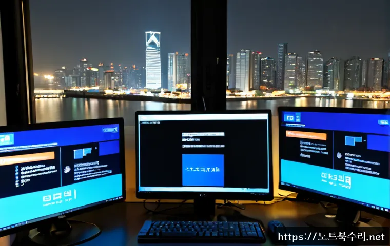 고담동 DRIVER_CORRUPTED_EXPOOL - Photorealistic IT support workstation in a compact Gotham-dong office, dual monitors showing a gener...