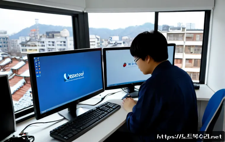 영천동 STATUS_KERNEL_EXECUTION_ERROR - Photorealistic IT support workstation in Yeongcheon-dong, Seoul, dual monitors showing a clean unbra...