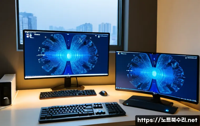 용답동 STATUS_DATATYPE_MISALIGNMENT - Photorealistic IT support workstation in a compact Seoul apartment office, dual monitors showing abs...