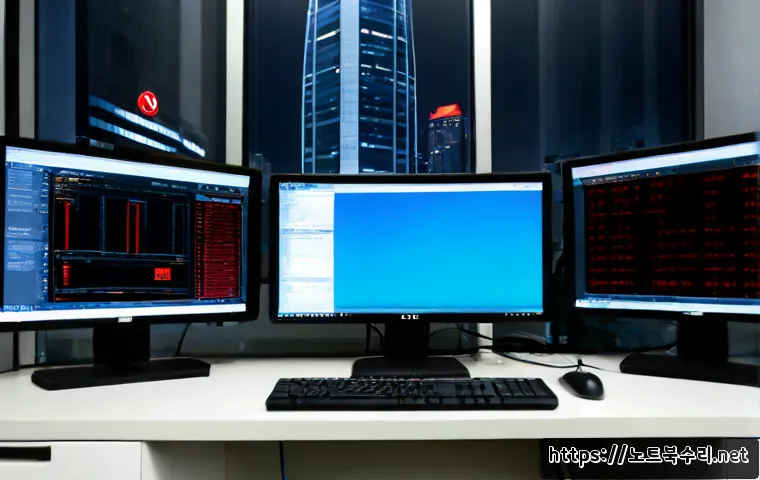 왕징면 SOFTWARE_EXCEPTION - Photorealistic IT support workstation in Wangjing, Beijing, dual monitors showing an abstract softwa...