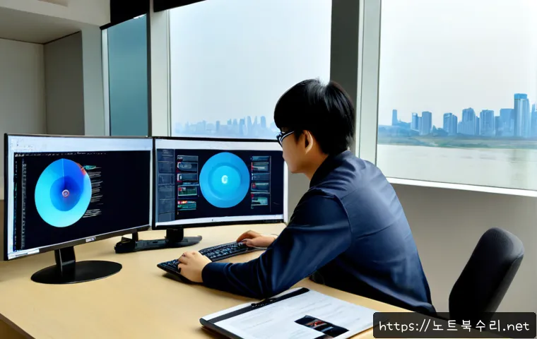 한강로 STATUS_FLOAT_INVALID_OPERATION - Photorealistic remote IT support workstation in a modern Yongsan office near the Han River, dual mon...