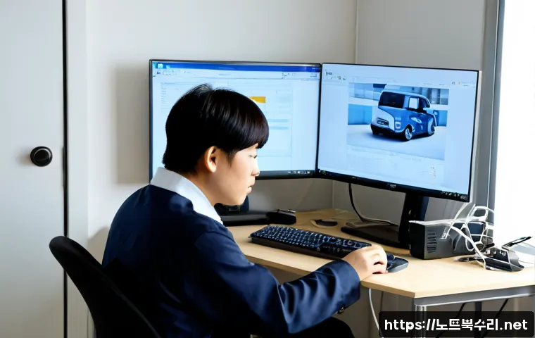 성사동 컴퓨터멈춤 - Photorealistic remote computer support scene in a compact Seongsa-dong apartment office, frozen dual...