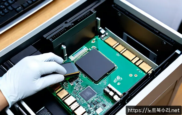 구성동 SSD조립 및 교체수리 - Photorealistic close-up of a desktop computer repair workstation, technician wearing anti-static glo...