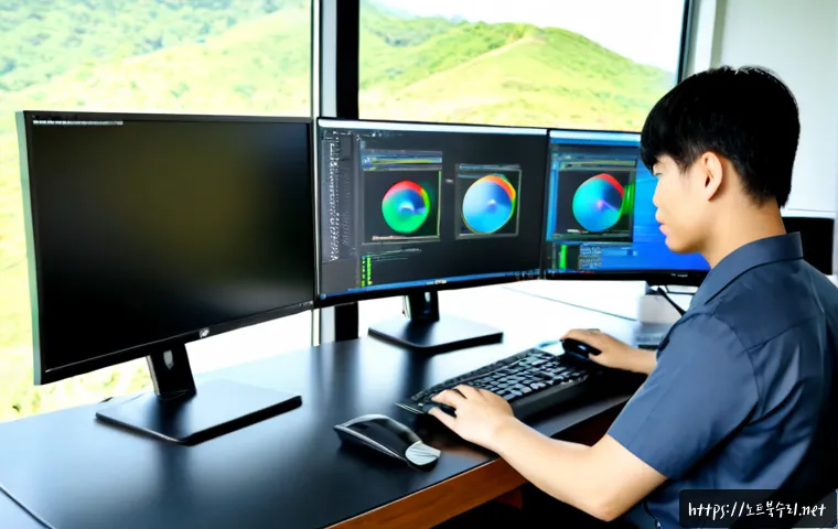 파주시 UNEXPECTED_KERNEL_MODE_TRAP - Photorealistic IT support workstation in Paju, dual-monitor desktop with one screen showing a blank ...