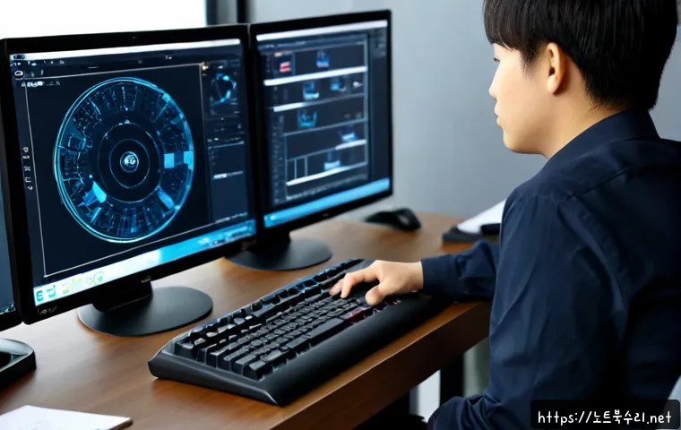 관양동 press  f4  key - Photorealistic remote-support workstation in a modern Gwanak-dong style office, technician pressing ...