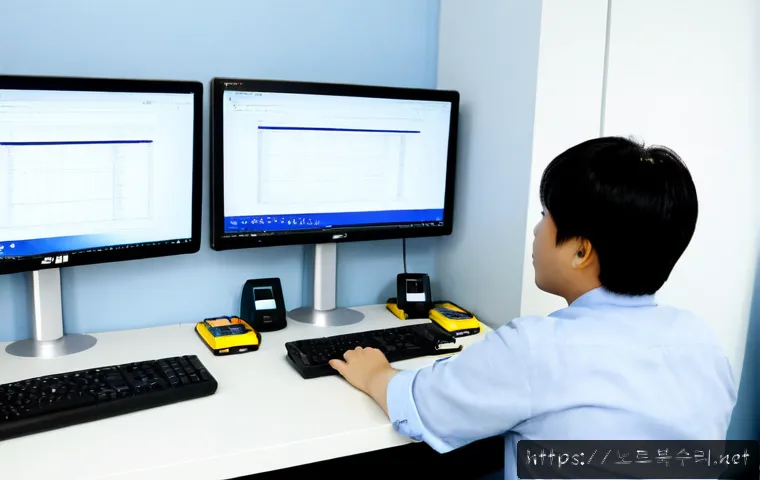 평안동 UNEXPECTED_KERNEL_MODE_TRAP - Photorealistic IT support workstation in a compact Pyeongan-dong office, dual monitors showing a bla...