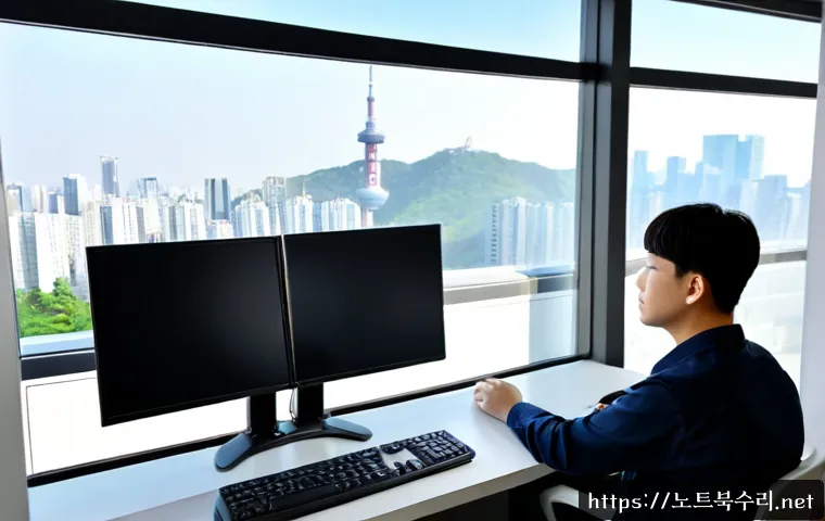 보라매동 입력신호가 없습니다 - Photorealistic IT support workspace in Boramae-dong, dual-monitor desktop workstation with one displ...