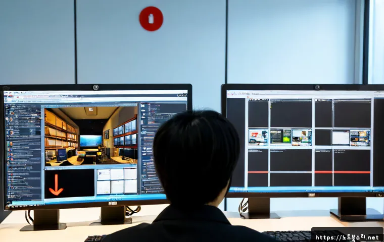 삼숭동 STATUS_NETWORK_ACCESS_DENIED - Photorealistic IT support workstation in a compact Samseong-dong office, dual monitors showing an ab...