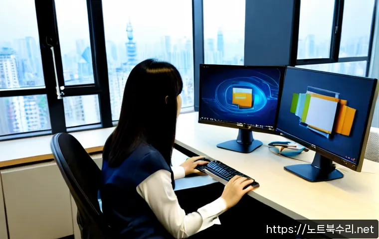 부평구 STATUS_FILE_CORRUPTION - Photorealistic IT support workstation in a modern Bupyeong-gu office, dual monitors showing a corrup...