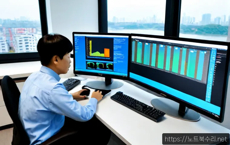 마포구 NTFS_FILE_SYSTEM - Photorealistic remote IT support workstation in a modern Mapo office, dual monitors showing a non-re...