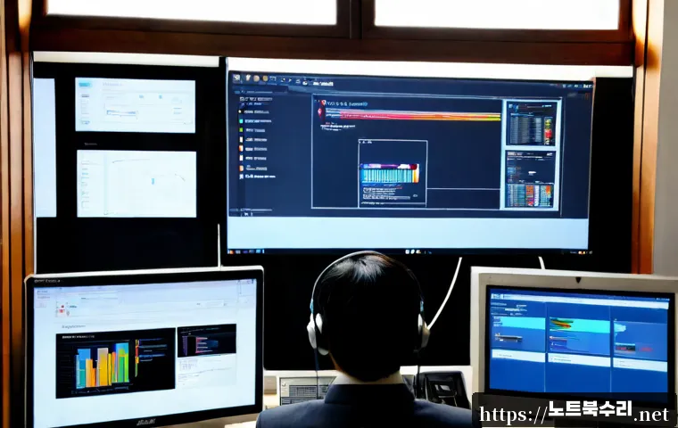 적선동 STATUS_INVALID_SESSION - Photorealistic compact IT support workstation in a quiet historic Seoul neighborhood office, dual mo...
