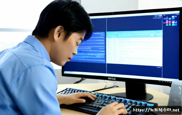 초동 PFN_LIST_CORRUPT - Photorealistic IT technician diagnosing a desktop workstation with an abstract blue system recovery ...