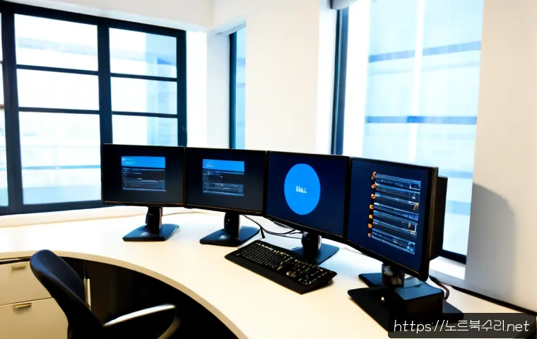 필운동 SYSTEM_SERVICE_EXCEPTION - Photorealistic IT support workstation in a compact Pilun-dong design studio, dual monitors showing a...