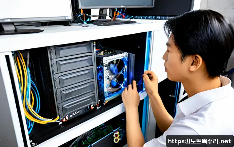 고기동 워크스테이션출장방문수리점 - Photorealistic on-site repair of a high-performance workstation in a modern creative studio, technic...