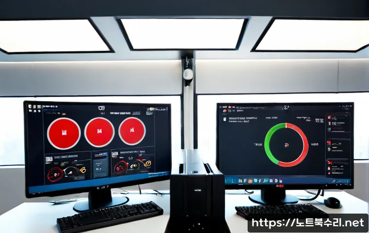 계양동 STATUS_PAGE_FAULT - Photorealistic IT support workstation in Gyeyang-dong, dual monitors showing a blank pale status das...