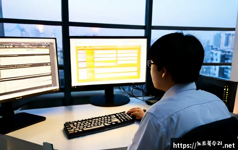 오산동 STATUS_INVALID_CALLER - Photorealistic IT support workstation in a modern Osan-dong office, frustrated technician viewing a ...