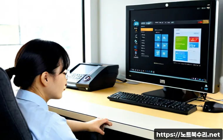 율면 부팅불가 - Photorealistic remote-support workstation in a quiet Korean township office, desktop computer halted...