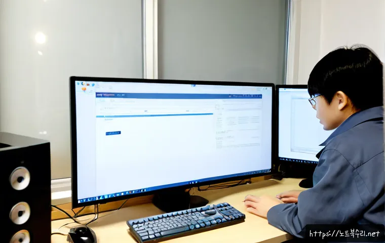 창영동 프로그램응답없음 - Photorealistic remote-support workstation in a compact Changyeong-dong apartment office, frustrated ...