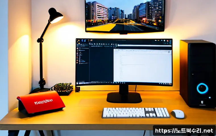 야동동 STATUS_FILE_WRITE_FAILURE - Photorealistic software support workstation in a compact Hongdae creative studio, dual monitors show...