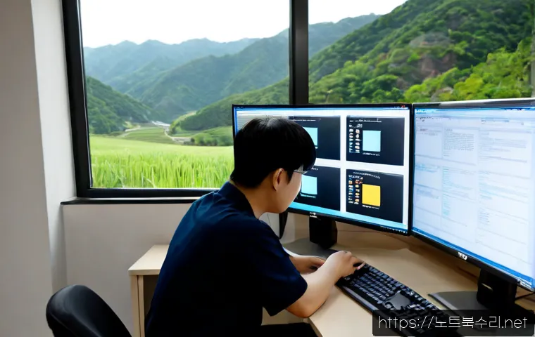 광적면 STATUS_UNSUCCESSFUL - Photorealistic IT support workstation in a quiet Gwangjeok-myeon office, technician studying a dual-...