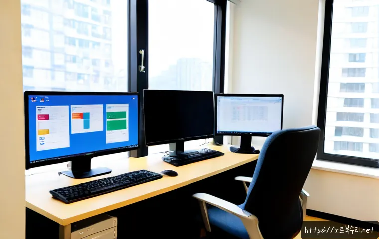마평동 CDFS_FILE_SYSTEM - Photorealistic IT support workstation in a compact Mapyeong-dong apartment office, dual monitors sho...