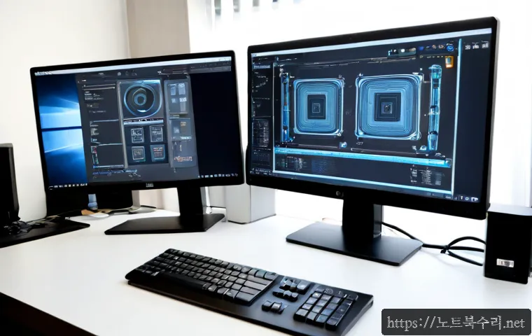 고읍동 IO_DEVICE_ERROR - Photorealistic IT support workstation in a quiet apartment district, dual monitors showing abstract ...