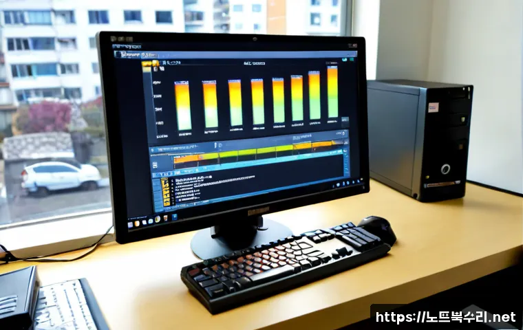 방학동 UDFS_FILE_SYSTEM - Photorealistic IT support workstation, desktop monitor showing a clean abstract disk recovery interf...