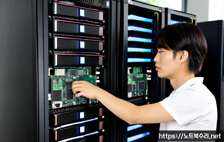 봉담읍 나스 nas 설정및수리 - Photorealistic IT technician configuring a compact NAS enclosure with multiple hard-drive bays on a ...