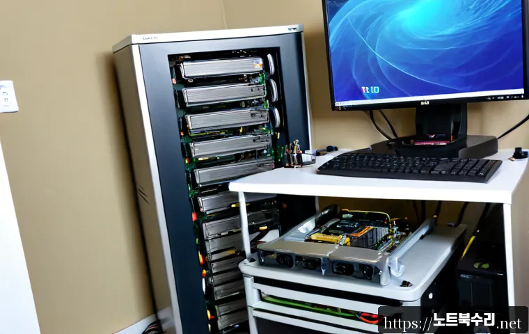 상록구 오버클럭 뚜따 - Photorealistic PC overclocking workstation in a compact Ansan Sangnok-gu apartment office, open desk...