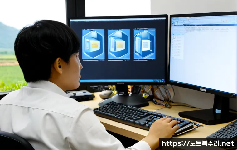 원삼면 STATUS_FILE_CORRUPTION - Photorealistic remote-support workstation in a quiet rural Korean office near Wonsam-myeon, dual mon...