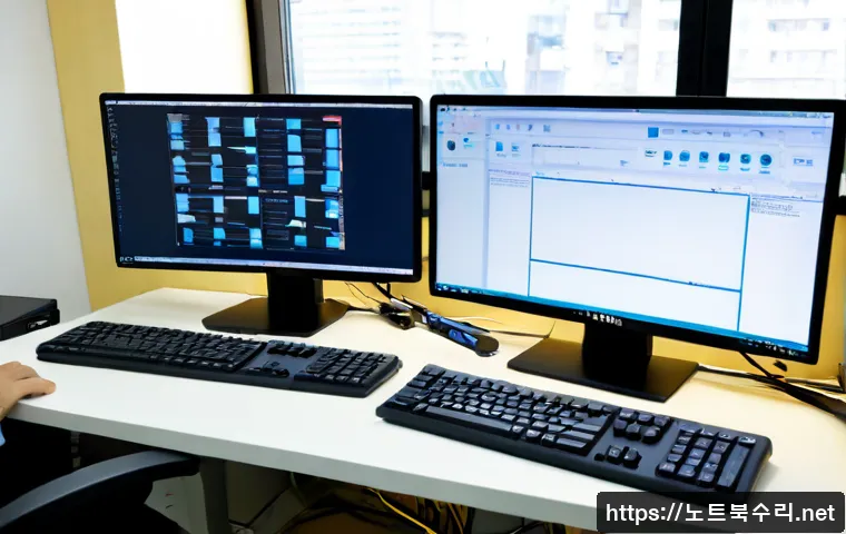 당산동 POOL_CORRUPTION_IN_FILE_AREA - Photorealistic IT recovery workstation in a compact Dangsan-dong office, dual monitors showing a bra...