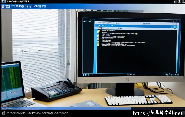 금호동 STATUS_DISK_CORRUPTION - Photorealistic remote-support workstation in a compact Kumho-dong apartment office, desktop monitor ...