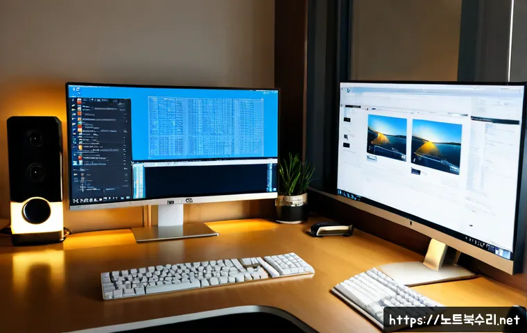 망포동 STATUS_FLOAT_UNDERFLOW - Photorealistic IT support workstation in a modern Mangpo-dong apartment office, dual monitors showin...