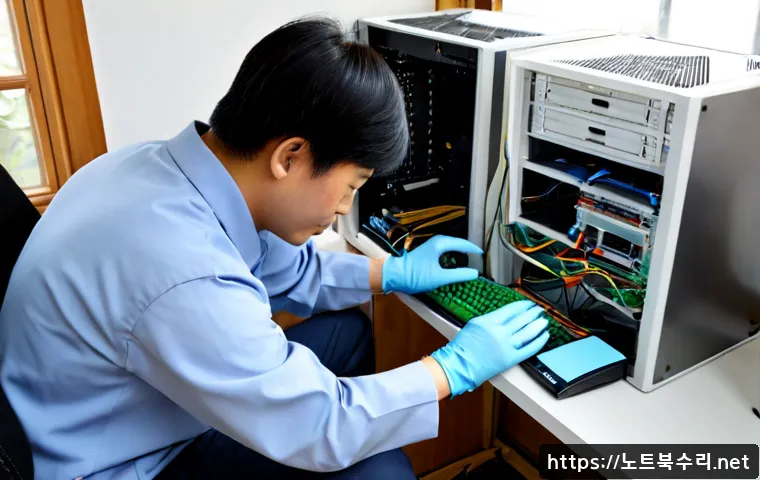 연희동 RAM조립 및 교체수리 - Photorealistic desktop repair bench in a quiet Yeonhui-dong apartment workspace, technician wearing ...