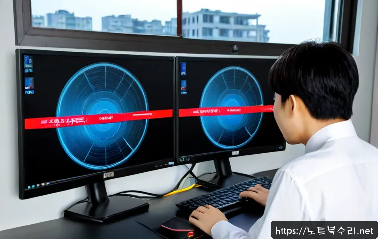 하야동 STATUS_INVALID_CALLER - Photorealistic IT support workstation in a compact Korean office, dual monitors showing a clean abst...