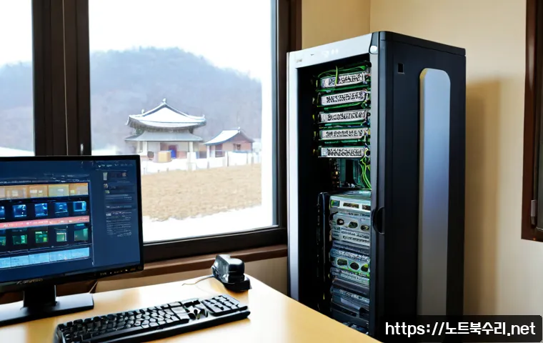 법원읍 STATUS_KERNEL_DRIVER_CORRUPTION - Photorealistic IT support workstation in a quiet Korean township office, dual monitors showing abstr...