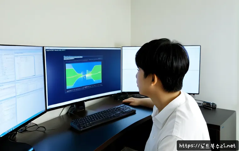 산천동 STATUS_KERNEL_BLOCKED - Photorealistic IT support workstation in a compact hillside apartment office, technician studying an...