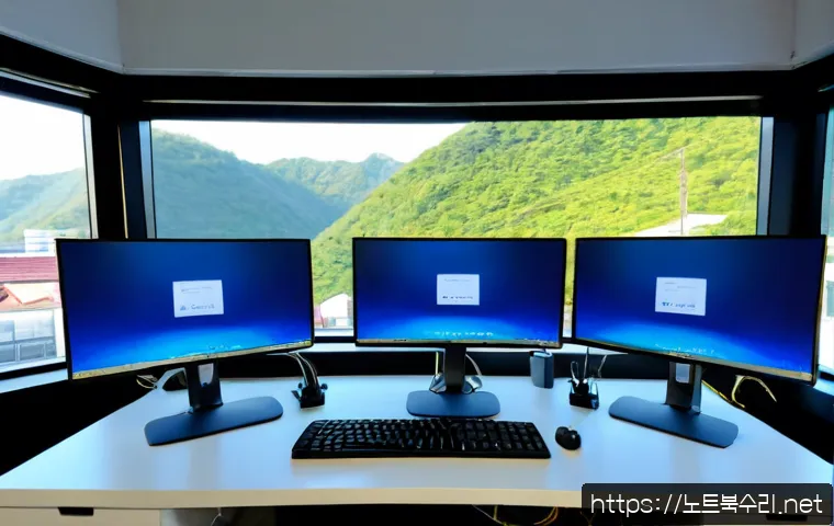 석수동 HAL_INITIALIZATION_FAILED - Photorealistic IT support workstation in a compact Seoksu-dong design office, dual monitors showing ...
